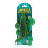 Green crocodile toy with packaging labeled 'Squeezy Crocodile' on a white background