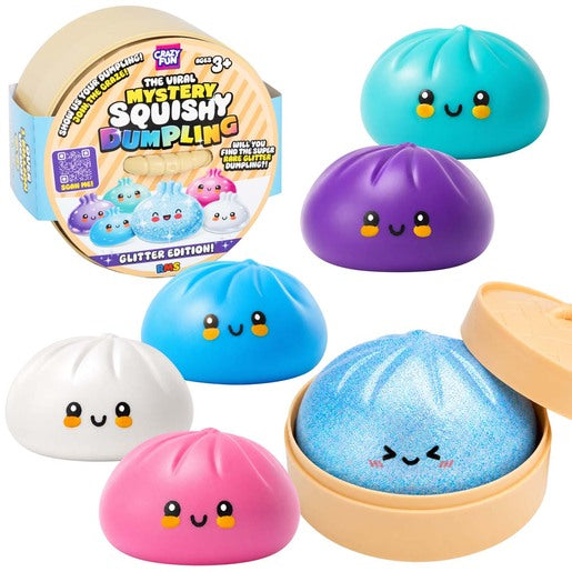 RMS Mystery Squishy Dumpling colour lineup with steamer tub and glitter bao bun