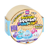 Crazy Fun The Viral Mystery Squishy Dumpling Glitter Edition toy packaging, showing a round cardboard container with a clear window revealing a beige squishy dumpling inside, surrounded by colorful graphics of other dumplings on a white background.