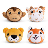 All four kawaii safari animal plush sugar-filled sensory squeeze toys — monkey, giraffe, tiger and red fox