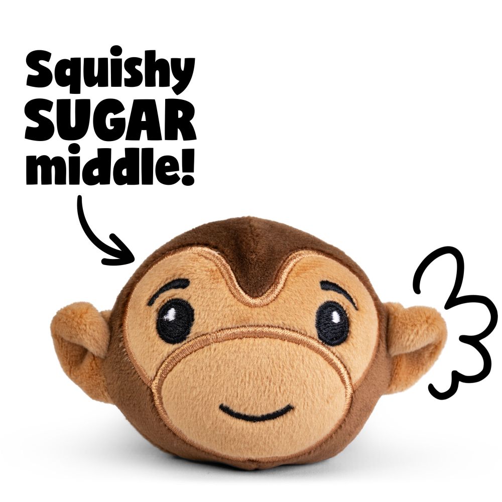 Kawaii monkey plush sugar-filled sensory squeeze toy with squishy sugar middle callout