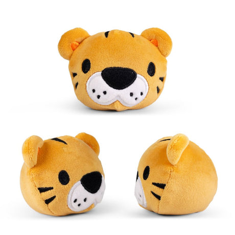 Three views of the kawaii tiger plush sugar-filled sensory squeeze toy showing front, side and back detail