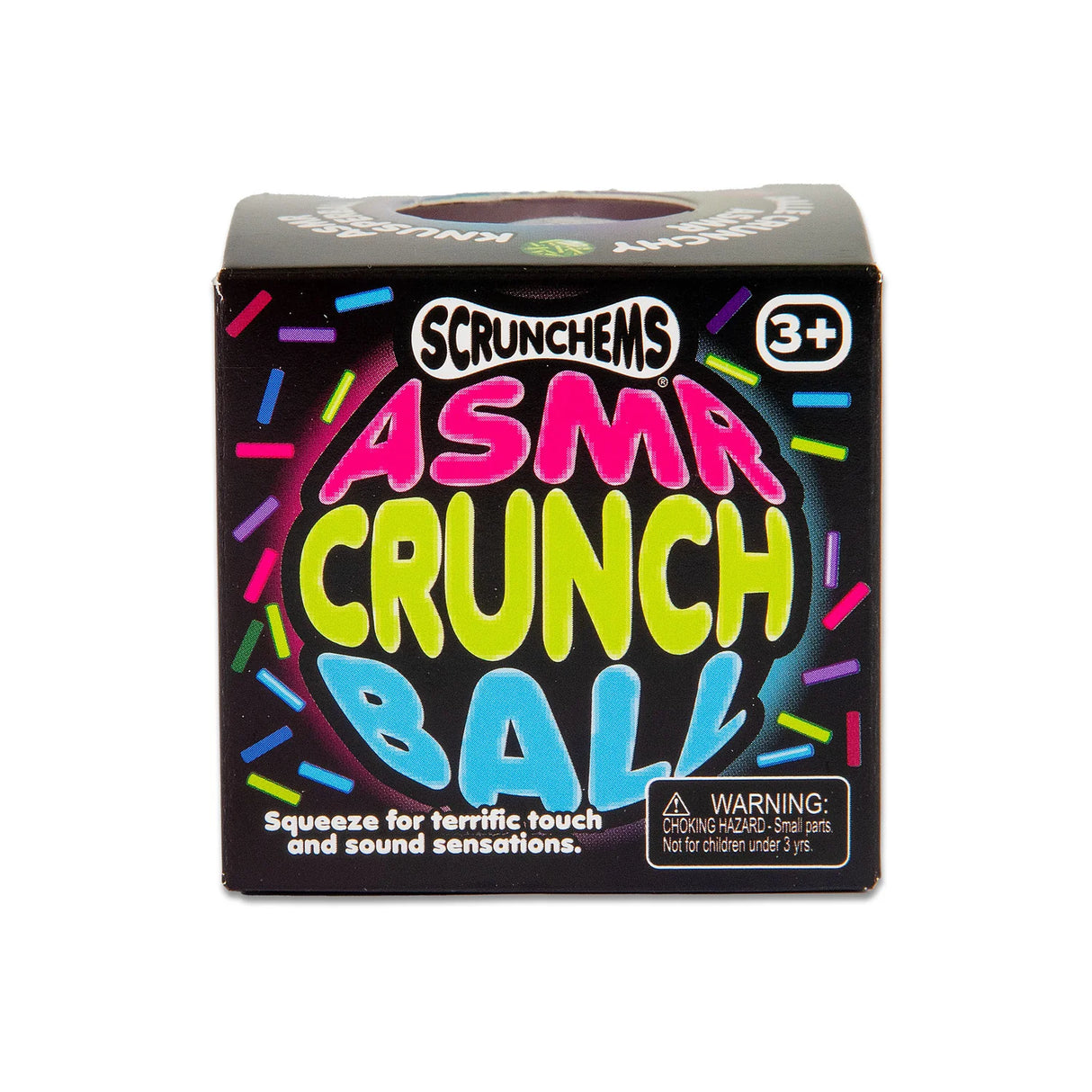 Scrunchems ASMR Crunch Ball black packaging front, sensory fidget toy