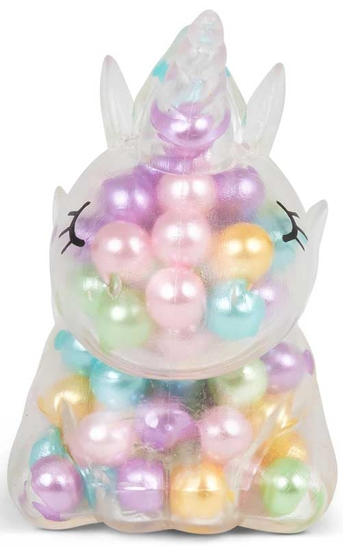 Scrunchems ASMR Rainbow Unicorn clear squishy filled with pastel pearlescent rainbow beads sensory fidget toy.