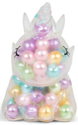 Scrunchems ASMR Rainbow Unicorn clear squishy filled with pastel pearlescent rainbow beads sensory fidget toy.