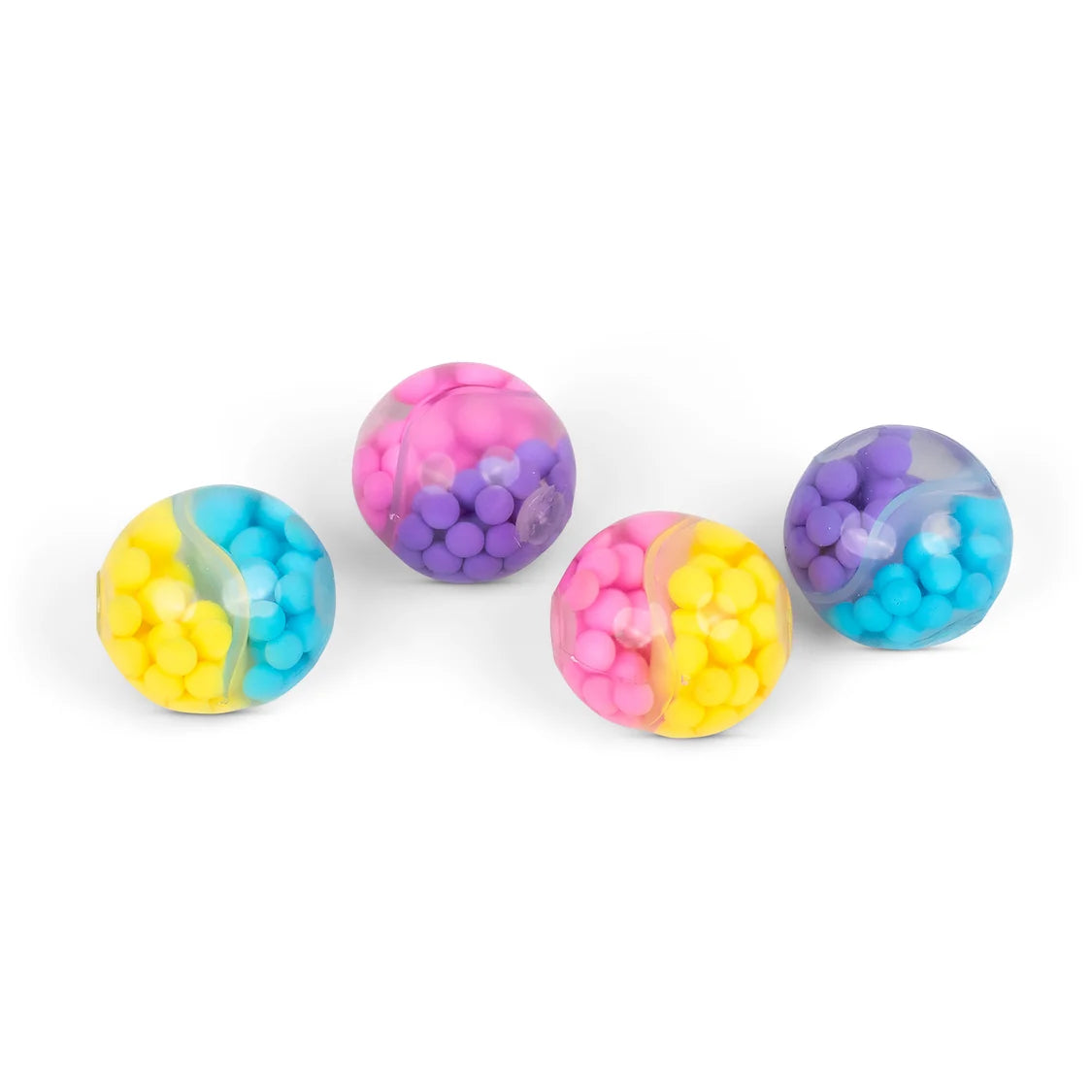 Four Scrunchems ASMR squish balls in assorted neon two-tone colourways grouped together