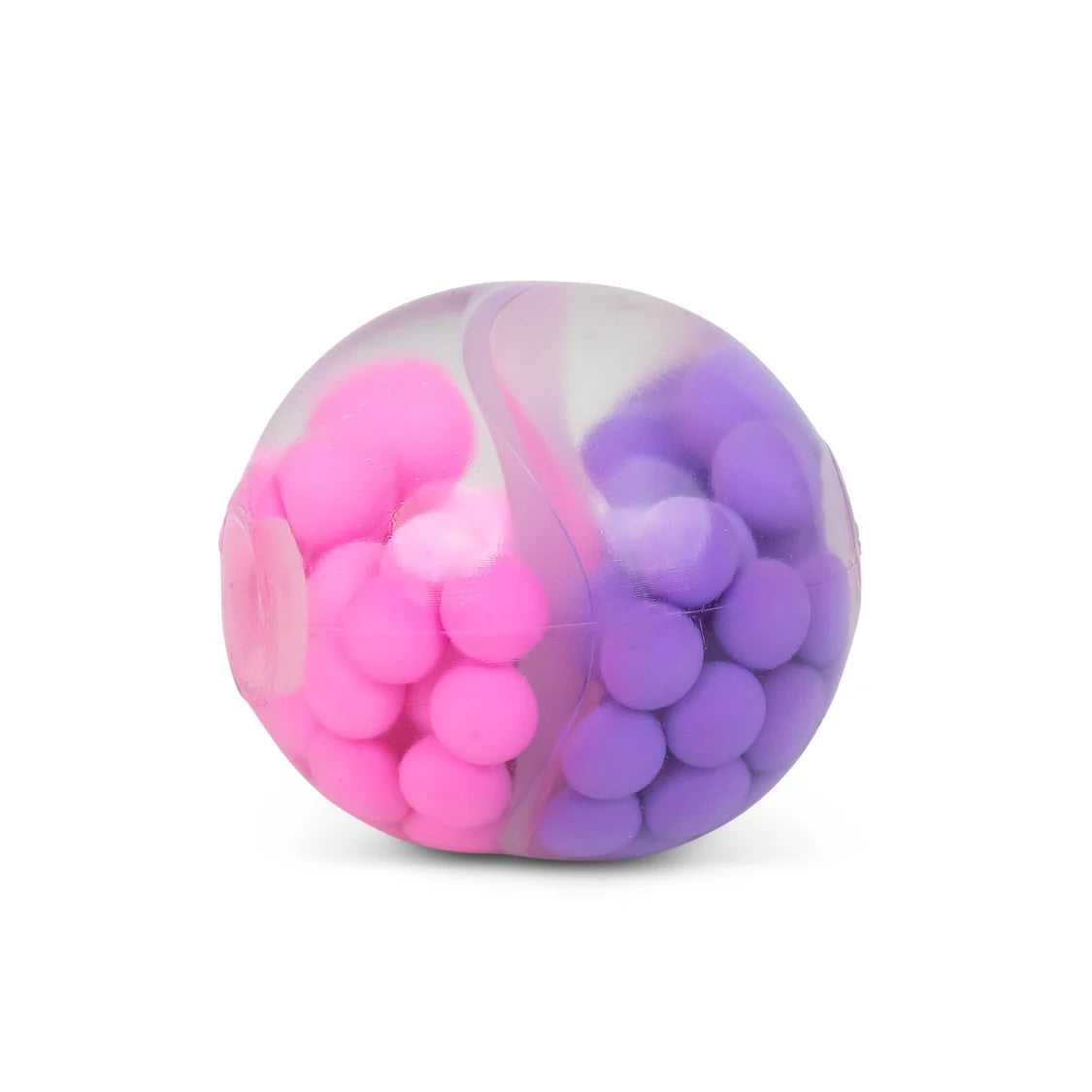 Side view of a pink and purple bead-filled Scrunchems ASMR squish ball