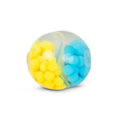 Side view of a yellow and blue bead-filled Scrunchems ASMR squish ball