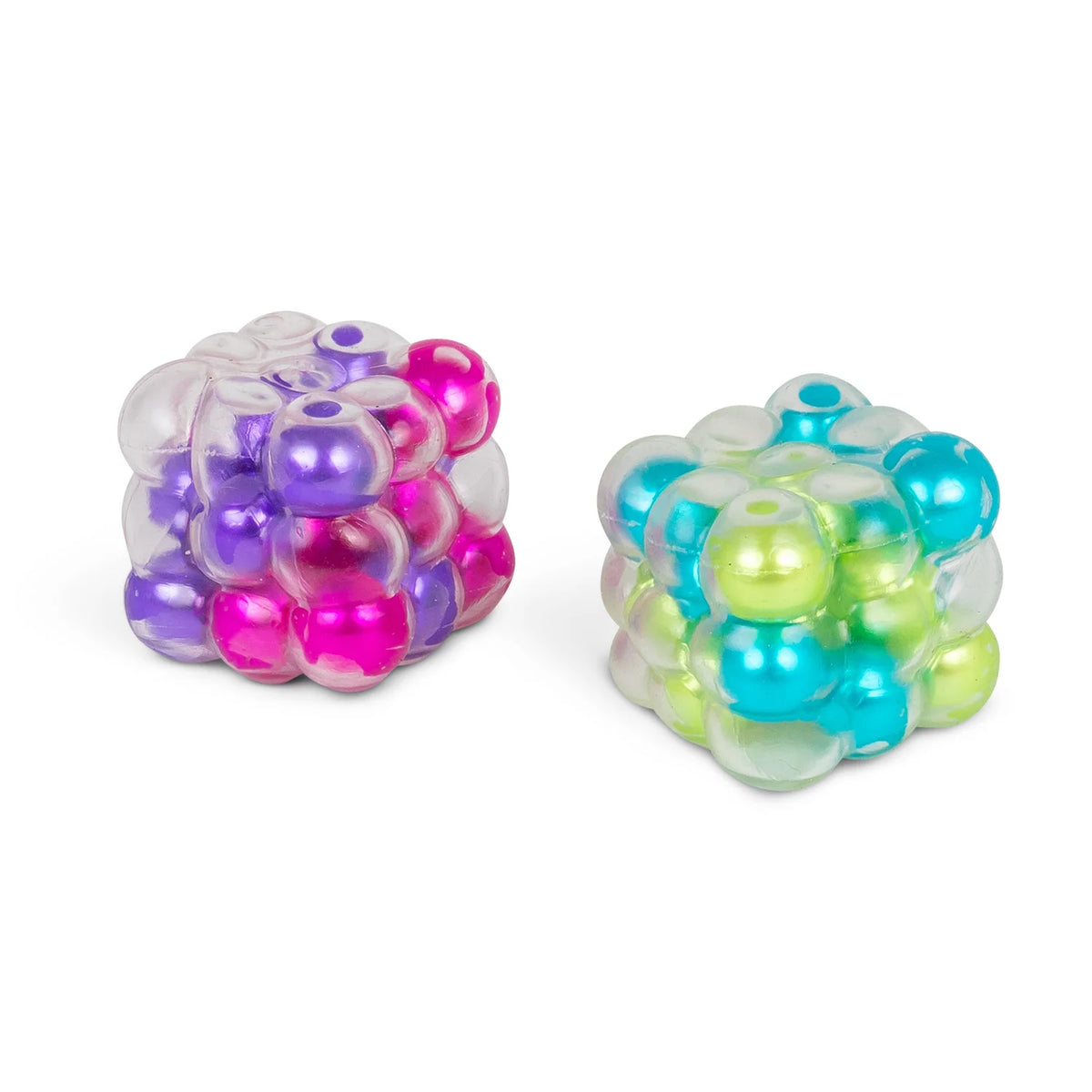 Two Scrunchems ASMR Squish Square fidget toys side by side in pink/purple and blue/green bead colourways