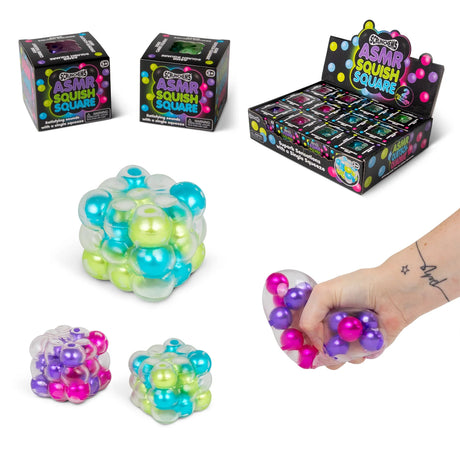 Scrunchems ASMR Squish Square packaging, display box and both bead colourways, including a hand squeezing the pink and purple version