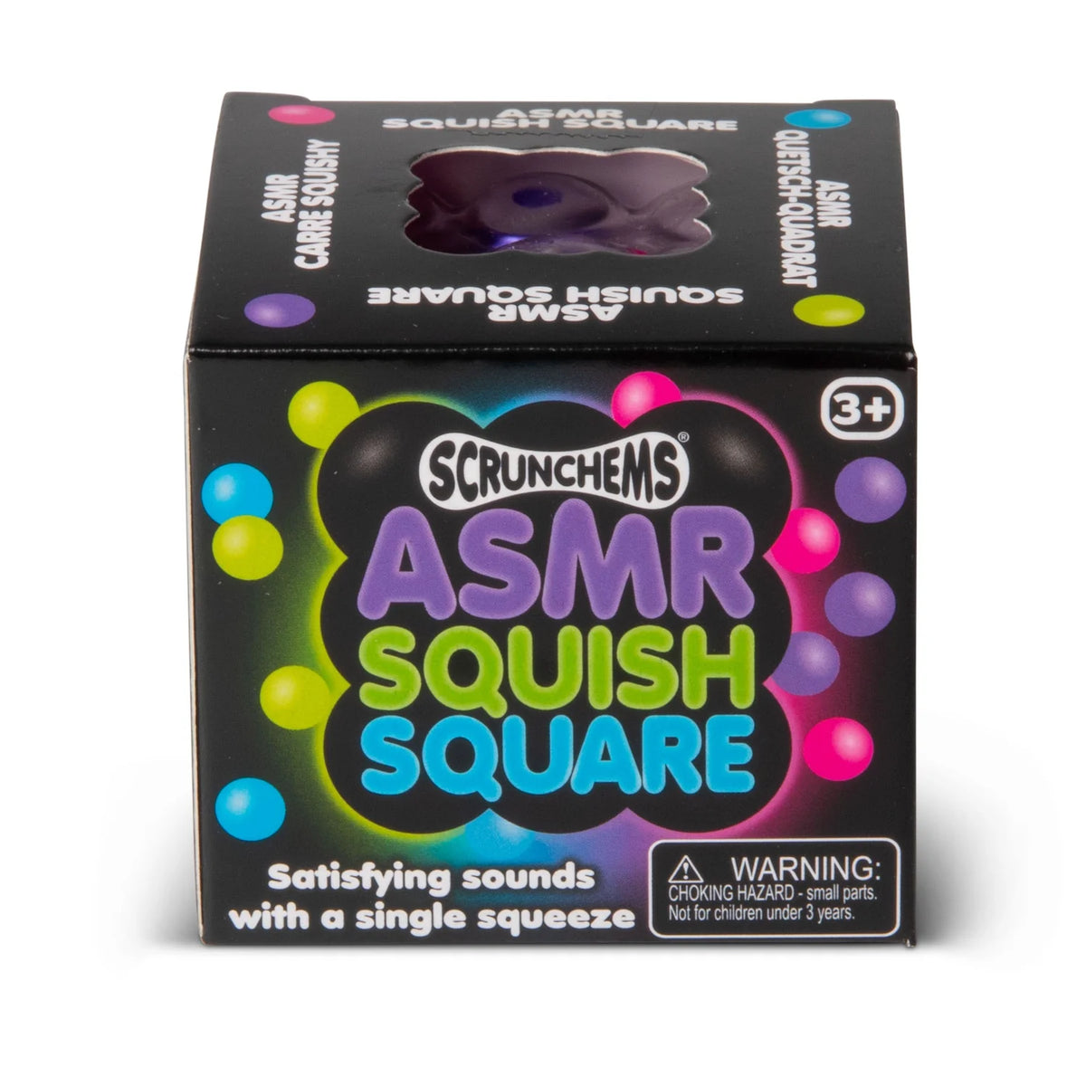 Scrunchems ASMR Squish Square packaging box with a window showing a purple bead-filled fidget toy inside
