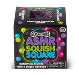 Scrunchems ASMR Squish Square packaging box with a window showing a purple bead-filled fidget toy inside