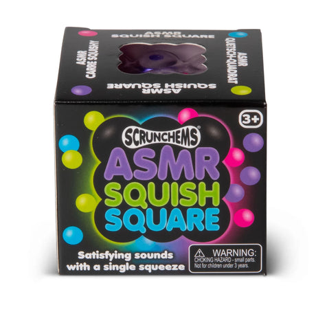 Scrunchems ASMR Squish Square packaging box with a window showing a purple bead-filled fidget toy inside