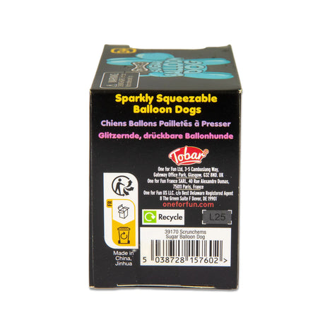 Back of Scrunchems Sugar Balloon Dog box showing product name, brand info, and barcode