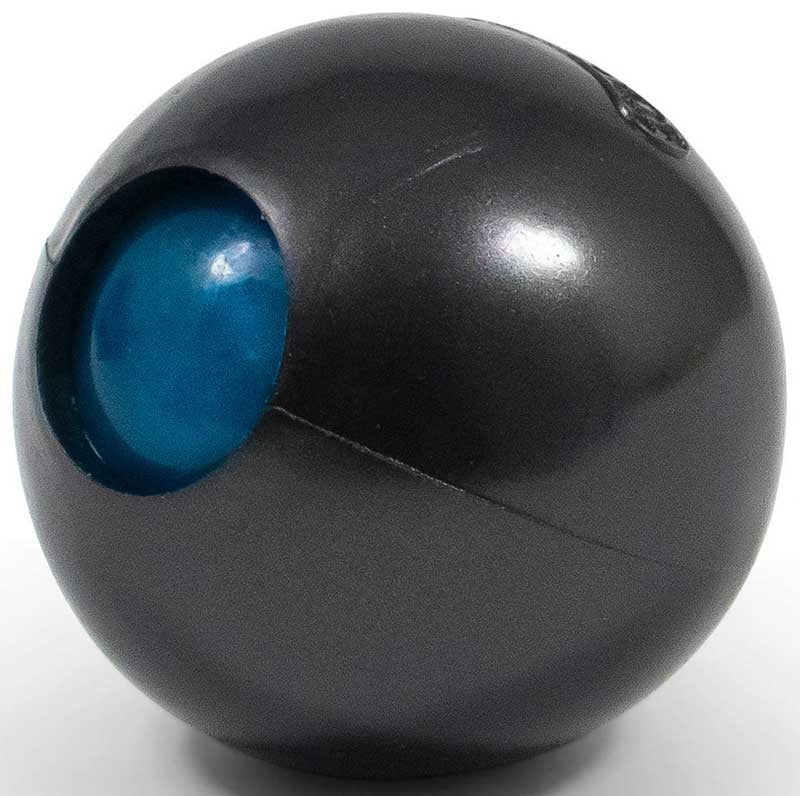 Close-up of Scrunchems Fortune Teller Squish Ball black double-walled ball showing teal fortune teller decision window