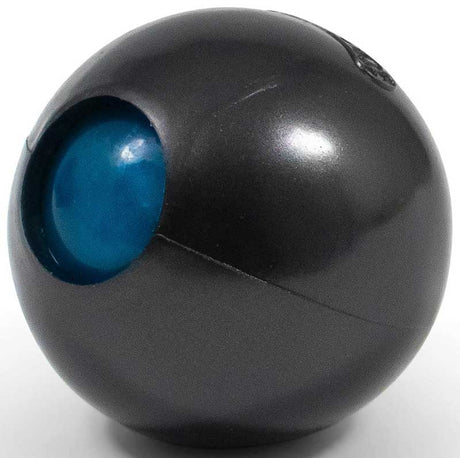 Close-up of Scrunchems Fortune Teller Squish Ball black double-walled ball showing teal fortune teller decision window