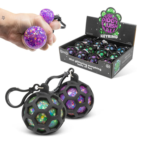 Scrunchems assorted fusion squish ball keychains in retail display box with mesh design