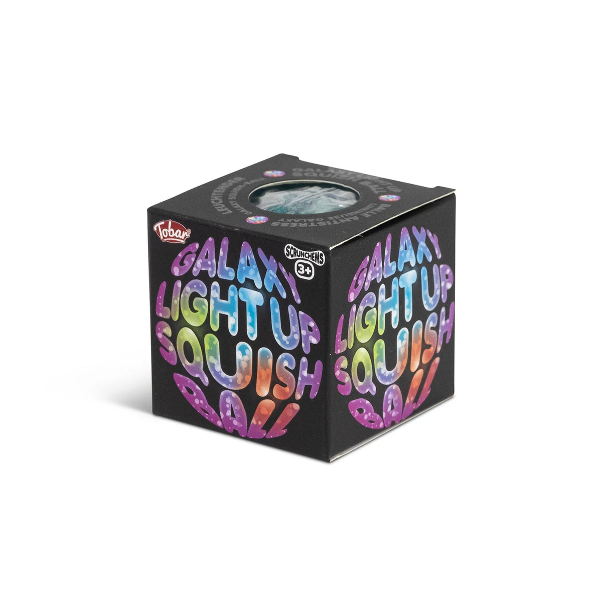Scrunchems Galaxy Light Up Squish Ball packaging box with a window showing the glittery ball inside