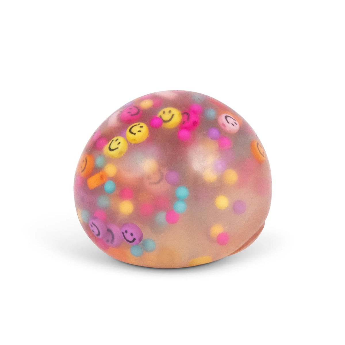 Close-up of a Scrunchems Happy Little Squish Ball showing colourful smiley face beads inside