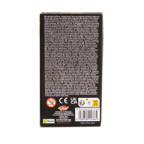 Back of Scrunchems Sugar Ice Lolly box showing multilingual warning text, safety symbols, and barcode