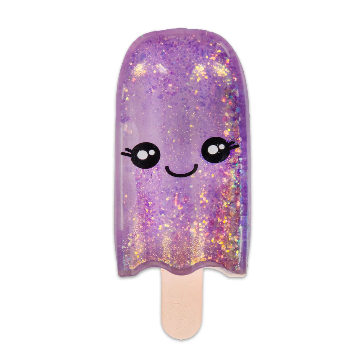 Purple holographic glitter Scrunchems Sugar Ice Lolly squishy with kawaii face isolated on white background