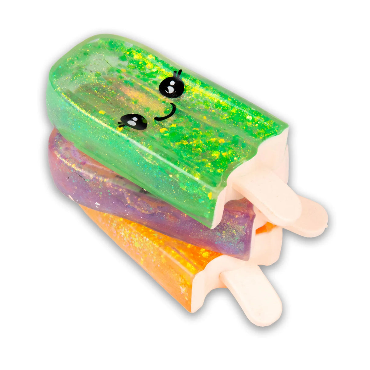Three Scrunchems glitter ice lolly squishies in green, purple and orange stacked on top of each other