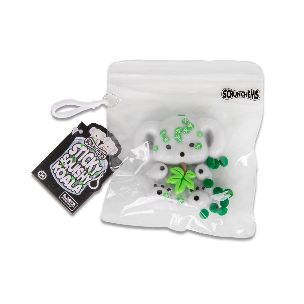 Scrunchems Sticky Squishy Koala in resealable bag with branded tag, white clip hanger, and green pom-pom accessories