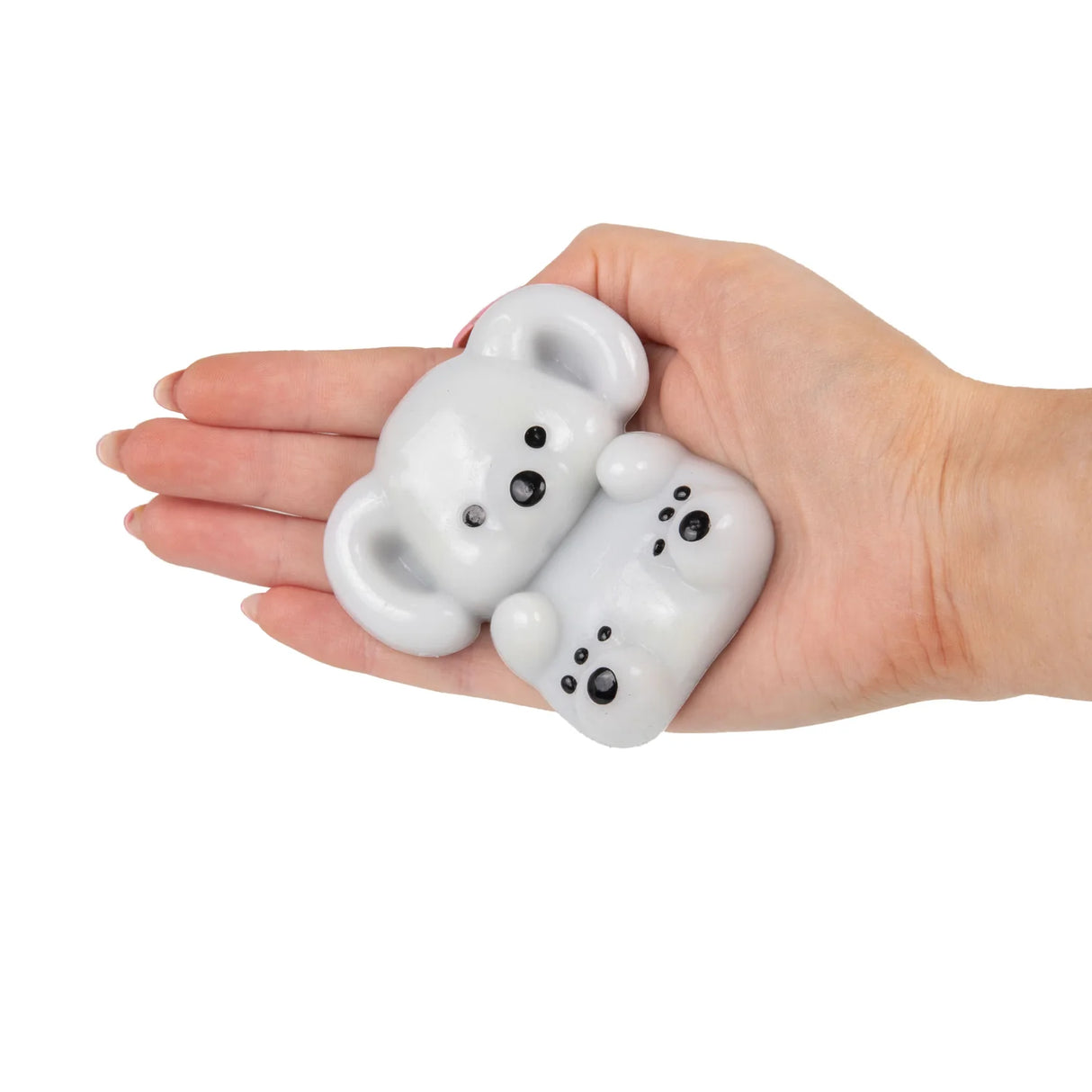Grey Scrunchems Sticky Squishy Koala resting flat on an open palm showing squishy ears and body