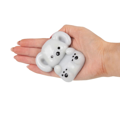 Grey Scrunchems Sticky Squishy Koala resting flat on an open palm showing squishy ears and body