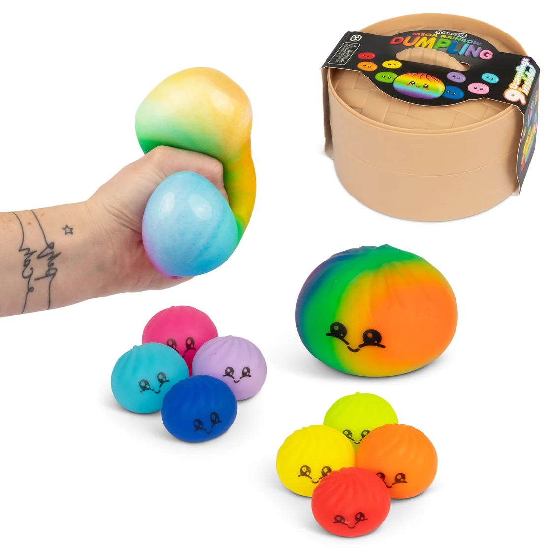 Collage of Scrunchems Mega Rainbow Dumpling Set squishy toys, steamer box and hand squeeze