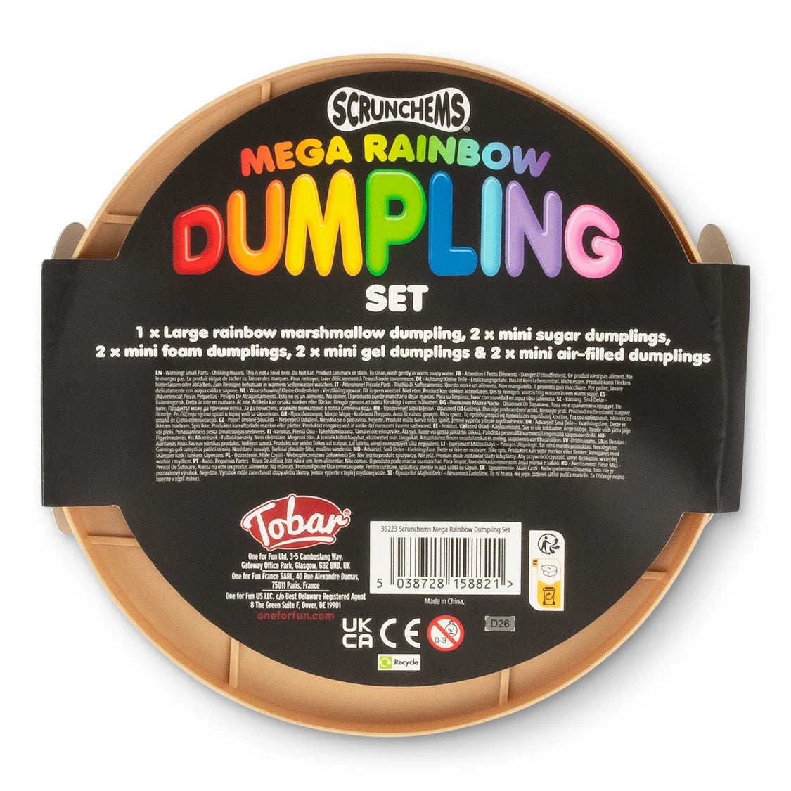 Scrunchems Mega Rainbow Dumpling Set steamer box back panel showing set contents and safety info