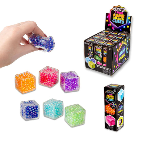Scrunchems Mini ASMR Crunch Cubes display box, bead-filled sensory fidget toys