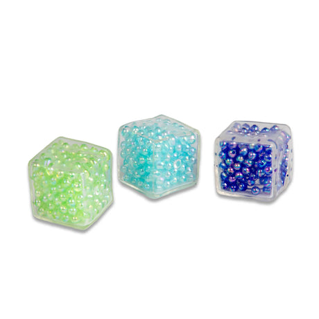 Scrunchems Mini ASMR Crunch Cubes, green blue purple bead cubes, sensory fidget toy