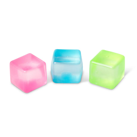 Three translucent Scrunchems Mini Sugar Cubes squishy fidget toys in pink, blue and green