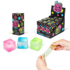 Scrunchems Mini Sugar Cubes box and display with a green squishy cube being stretched