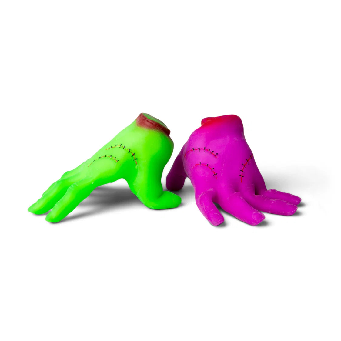 Scrunchems Monster Hands in green and pink displayed side by side in crawling pose, front-facing