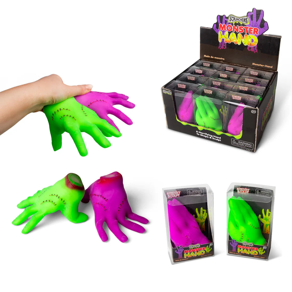 Full Scrunchems Monster Hand product display showing both colours, individual boxes and retail display box
