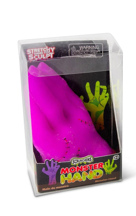 Hot pink Scrunchems Monster Hand in clear display box with Monster Hand branding