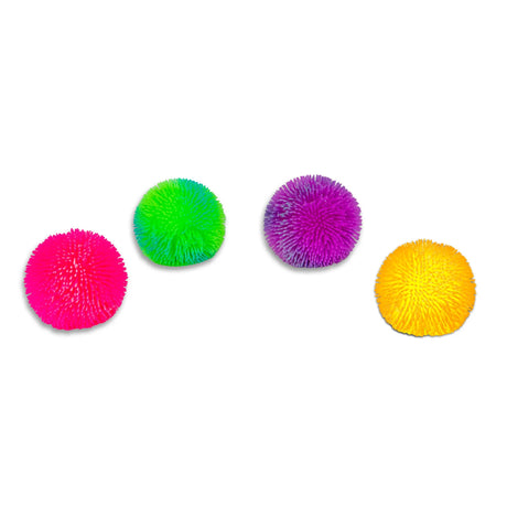 Four Scrunchems Ombre Sensory Sugar Ball puffer toys in pink, green, purple and yellow colourways