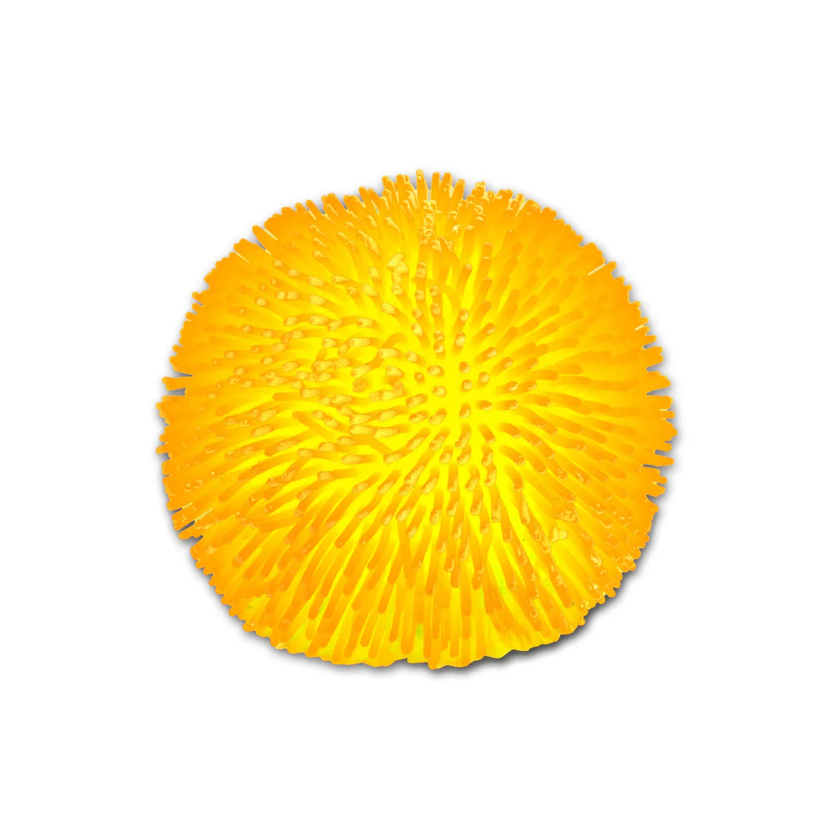 Yellow and orange ombre gradient Scrunchems Sensory Sugar Ball puffer toy on a white background