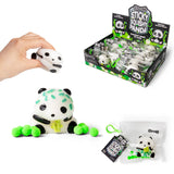 Scrunchems Sticky Squishy Panda shown being squeezed, with pom-pom balls, resealable bag packaging, and retail display box