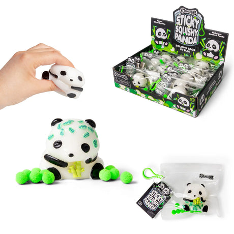 Scrunchems Sticky Squishy Panda shown being squeezed, with pom-pom balls, resealable bag packaging, and retail display box