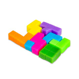 Full set of Scrunchems neon squishy puzzle cube pieces laid out flat showing all colours and shapes