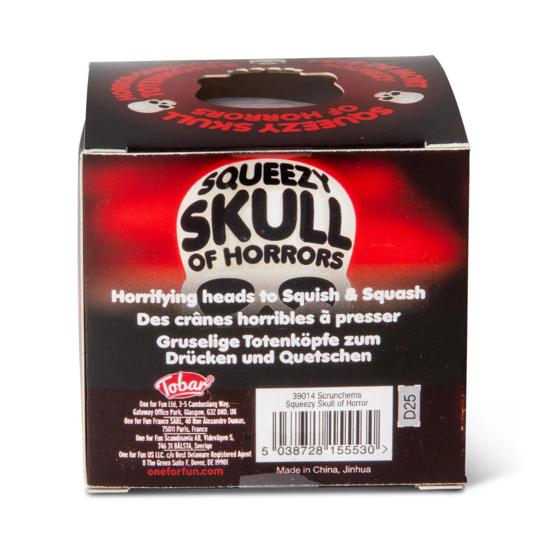 Back of Scrunchems Squeezy Skull of Horrors box showing product name and branding on dark red and black packaging