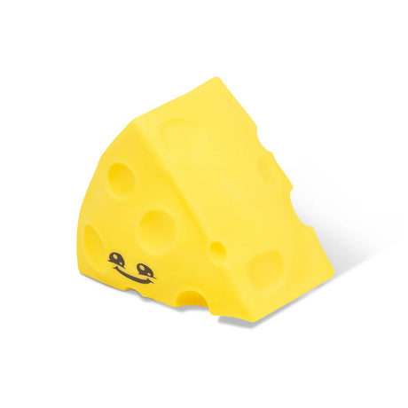 Yellow squishy cheese wedge with cute printed face, side-front angle showing holey texture