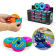 Composite image showing squishy donuts being squeezed, stacked and displayed alongside retail packaging