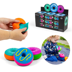 Composite image showing squishy donuts being squeezed, stacked and displayed alongside retail packaging