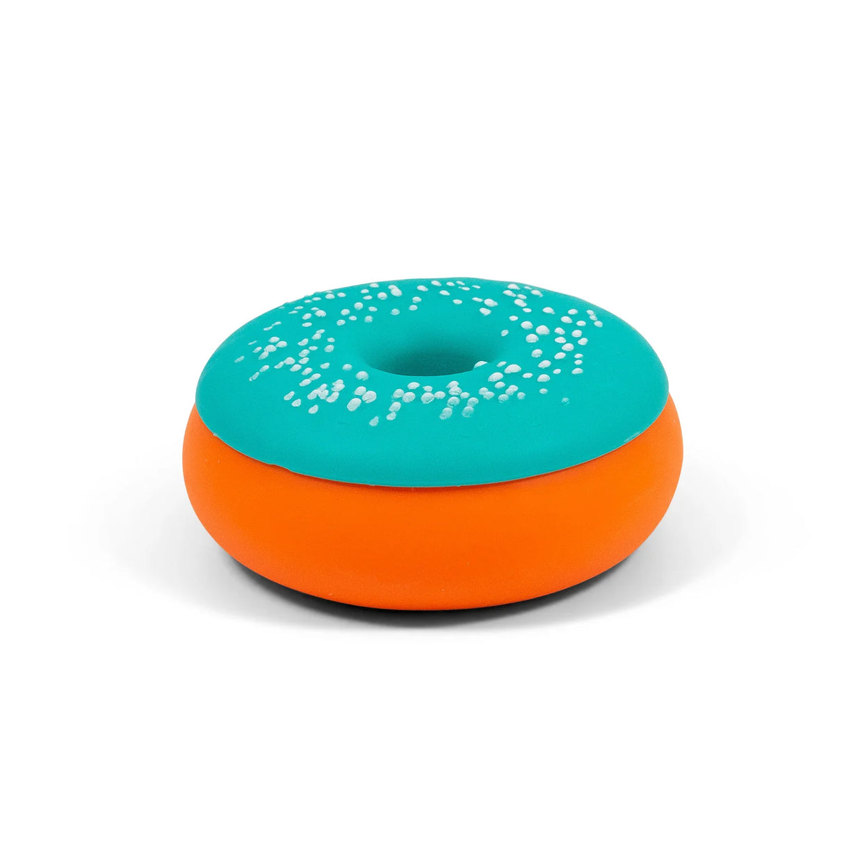 Orange and teal squishy donut fidget toy with white sprinkle topping, shown from above