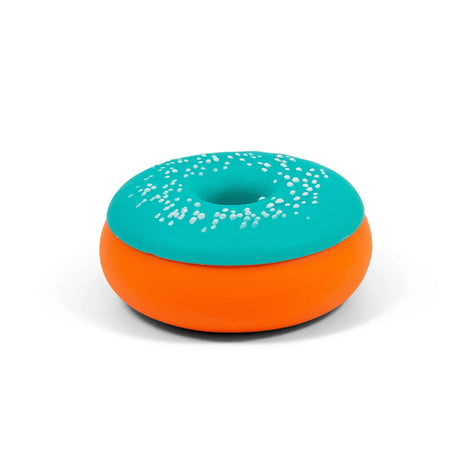 Orange and teal squishy donut fidget toy with white sprinkle topping, shown from above