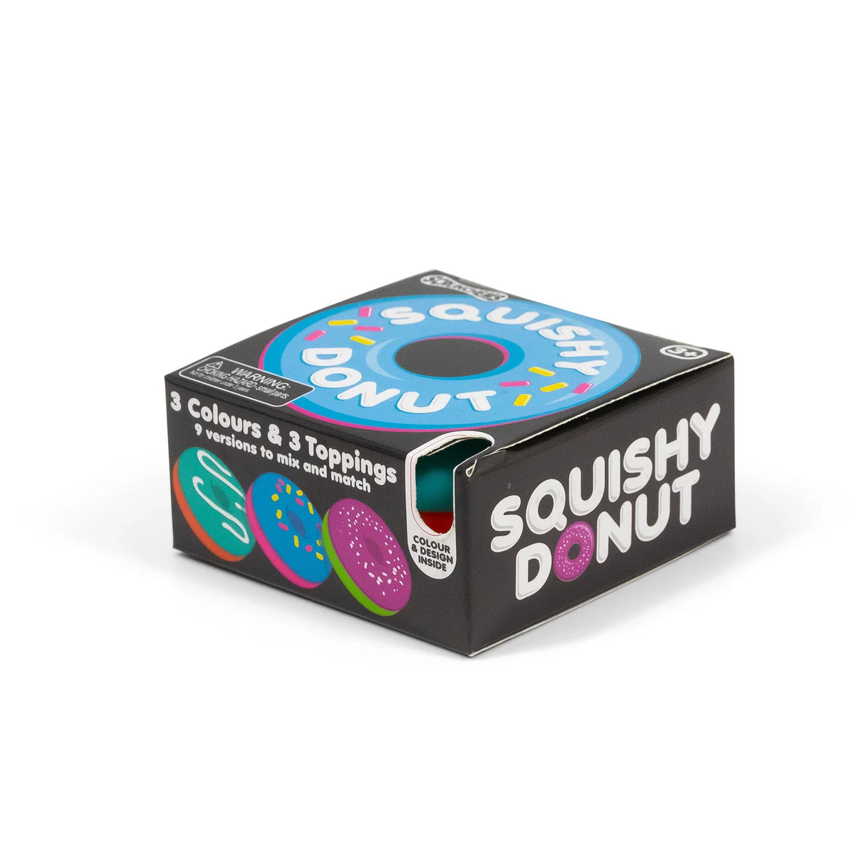 Retail box for Scrunchems Squishy Donut showing 3 colours and 3 toppings across 9 versions